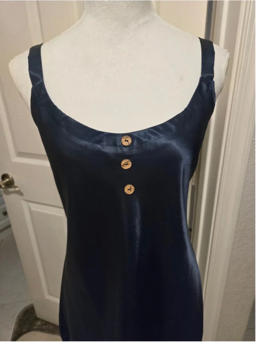 Vintage California Dynasty Navy Satin Button Front Mini Slip Dress Lingerie 90s